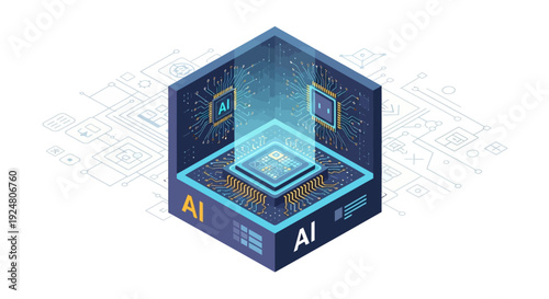 Isometric illustration of artificial intelligence within a digital hexagonal structure