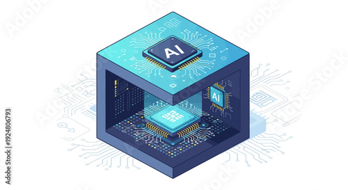 Isometric illustration of an ai chip within a cubic data structure