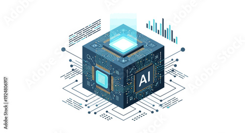 Isometric representation of a futuristic computer chip with ai integration
