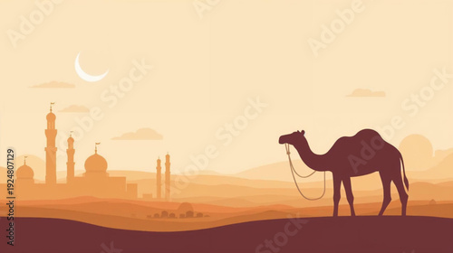 camel and mosque in the desert islamic background vector illustration