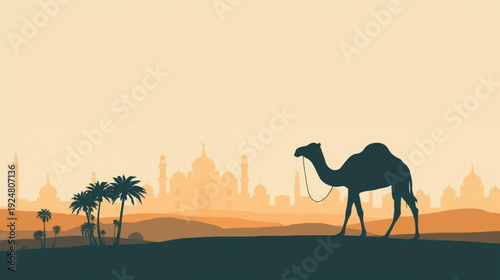 camel and mosque in the desert islamic background vector illustration