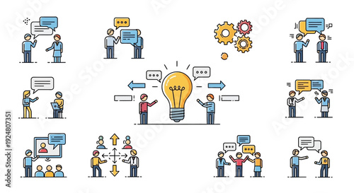 Illustrative icons depicting teamwork communication and collaborative problem solving