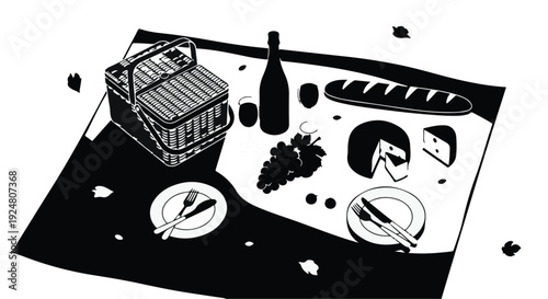 Charming picnic spread with wine, cheese, and bread on a blanket outdoors