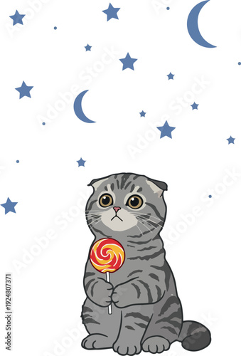 Cute Scottish Fold Cat Holding Lollipop Under Starry Night Sky Vector