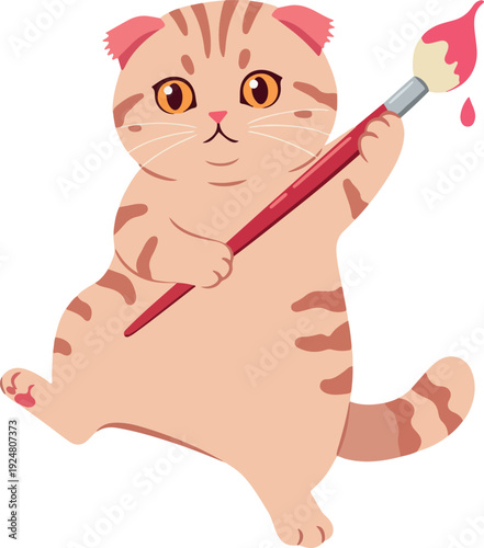 Cute Scottish Fold Cat Painting with Pink Brush and Red Paint Drips
