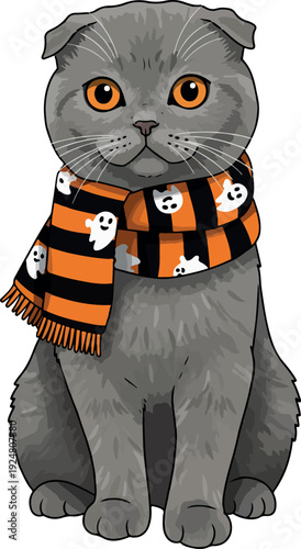 Cute Scottish Fold Cat Wearing Halloween Scarf Isolated Pixel Art