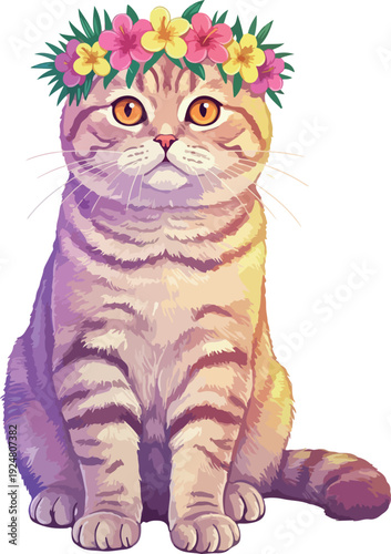Cute Scottish Fold Cat With Flower Crown Pastel Lighting Isolated Object