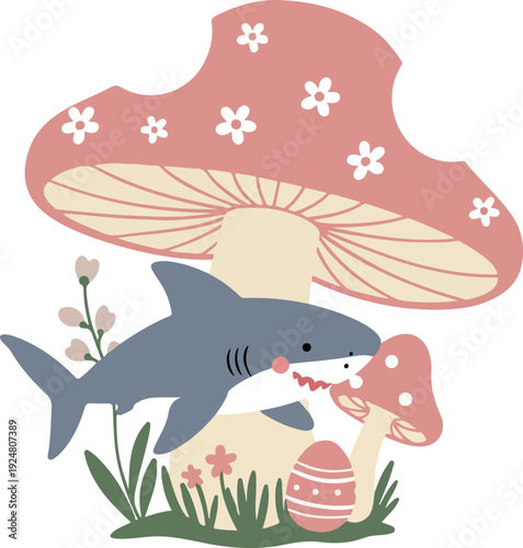 Cute Shark Character and Pink Mushroom Fantasy