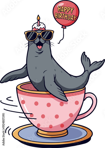 Cute Seal In Teacup With Sunglasses And Birthday Hat Party Balloon