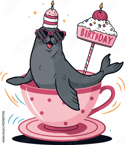 Cute Seal In Cup With Birthday Cake Hat And Treat