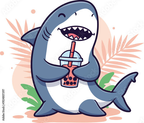 Cute Shark Character Drinking Boba Tea Tropical Leaves Background Flat Design