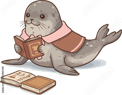 Cute Seal Reading Book Wearing Scarf Cute Minimalist Vector