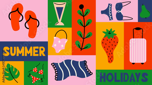 Summer cocktail seamless pattern with colorful drinks, citrus fruits, ice, straws, bikinis and tropical leaves. Bright beach mood, playful cartoon style, vacation vibes.