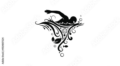 Silhouette of a swimmer with stylized water and natural elements