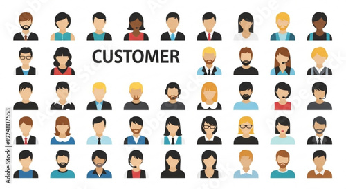Diverse group of people icons representing customers in a modern flat design style on white background