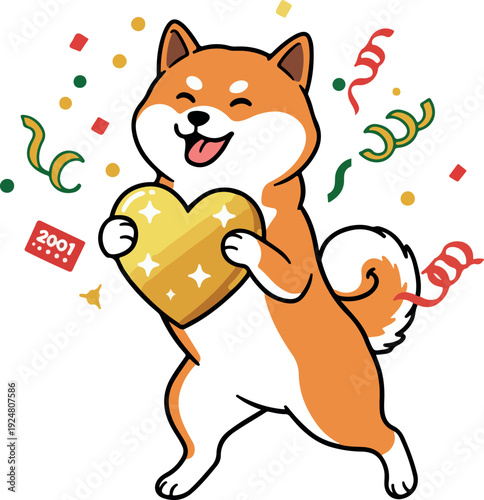 Cute Shiba Inu Dog Holding Golden Heart With Confetti Celebration