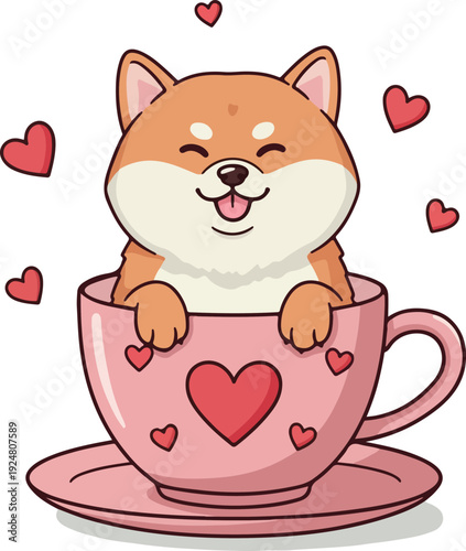 Cute Shiba Inu Dog in Pink Coffee Cup with Hearts Flat Illustration