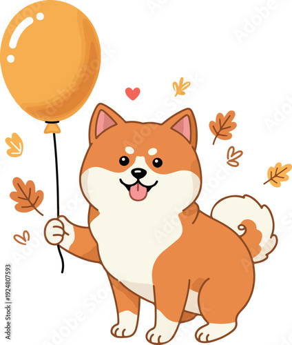 Cute Shiba Inu Dog Holding Orange Balloon Autumn Leaves Falling