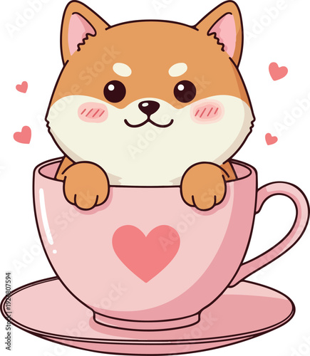Cute Shiba Inu Dog in Pink Cup Heart Pattern Flat Illustration