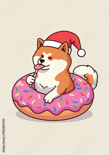 Cute Shiba Inu Dog in Donut with Santa Hat and Candy Cane