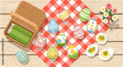 Colorful decorated easter eggs on red checkered picnic blanket with basket and flowers on wooden table outdoors in spring