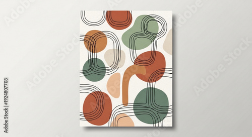 Vibrant abstract art print with overlapping colorful shapes and lines on white background for home decor