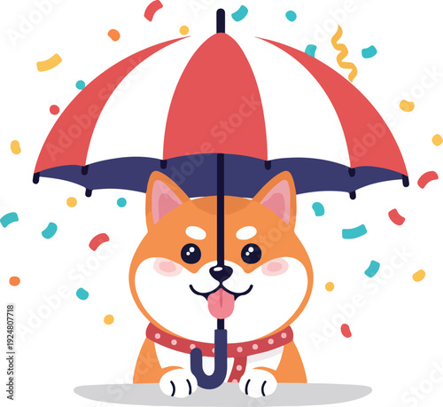 Cute Shiba Inu Dog Under Umbrella Colorful Confetti Celebration Vector
