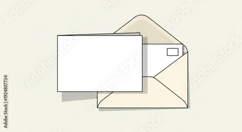 Blank white card and envelope on beige background simple line drawing for mail or correspondence concept