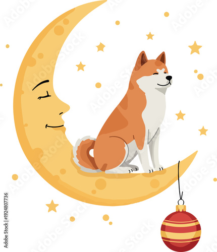 Cute Shiba Inu Dog Sits on Crescent Moon with Stars and Christmas Ornament