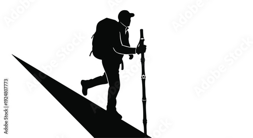 Silhouette of a hiker with a backpack and trekking pole ascending a steep incline.