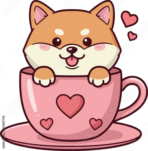 Cute Shiba Inu Dog Peeking From Pink Cup Heart Illustration