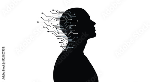 Silhouette of a human head merging with digital circuits, symbolizing artificial intelligence and technology integration.
