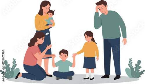 Family Members Together Flat Design Minimal Illustration With Plants