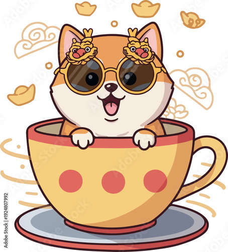 Cute Shiba Inu Dog Wearing Sunglasses in Tea Cup Minimalist Vector Art