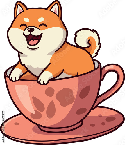Cute Shiba Inu Puppy In Pink Teacup Flat Design Pixel Art Illustration