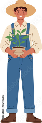 Farmer in Overalls Holding Potted Plant with Straw Hat