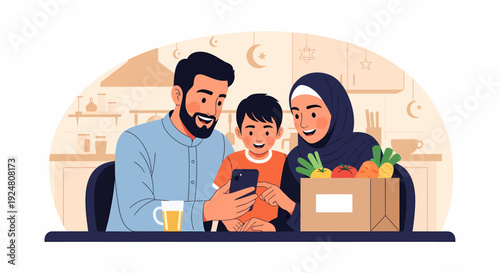 Muslim Family Enjoying Time Together with Smartphone and Groceries.