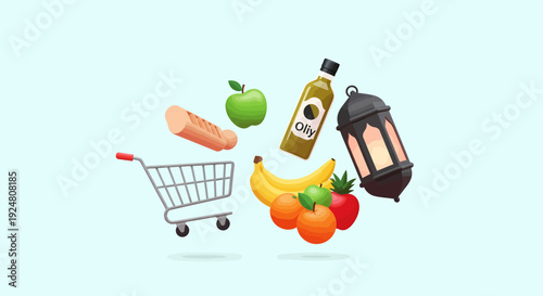 Assortment of Groceries and Decorative Lantern with Shopping Cart.
