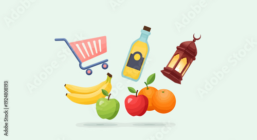 Assortment of groceries and a decorative lantern.