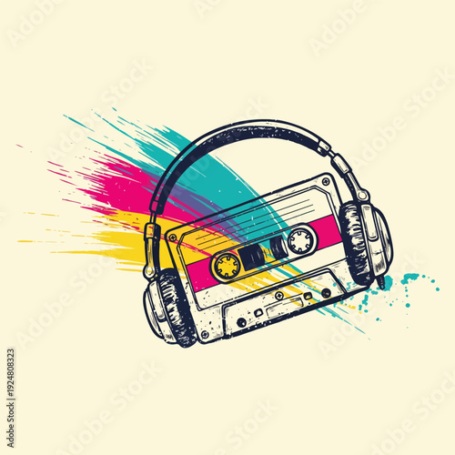 Retro audio cassette tape isolated on white background with vintage music and analogue sound style vector illustration