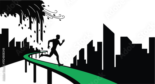 Man running on green path away from dark city pollution