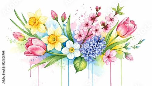 Colorful Watercolor Spring Flower Bouquet with Artistic Paint Drips
