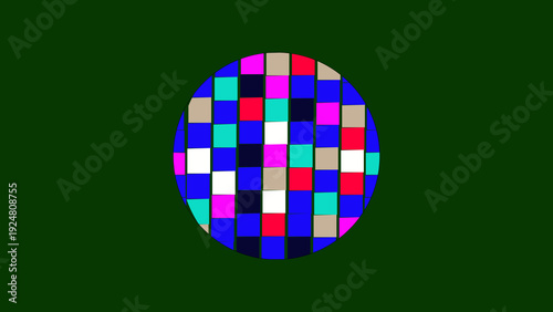 Own Created A vibrant, multi-colored disco ball with reflective square facets rotates against a dark green grid background