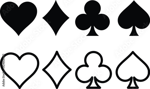 A set of black and white playing card suit symbols on a white background.