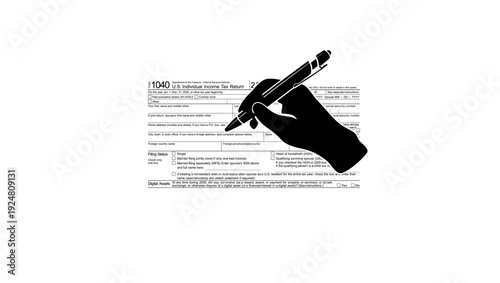 hand filling out form 1040, black isolated silhouette