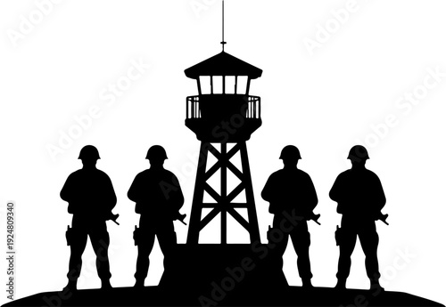 Soldiers and guard tower isolated on white
