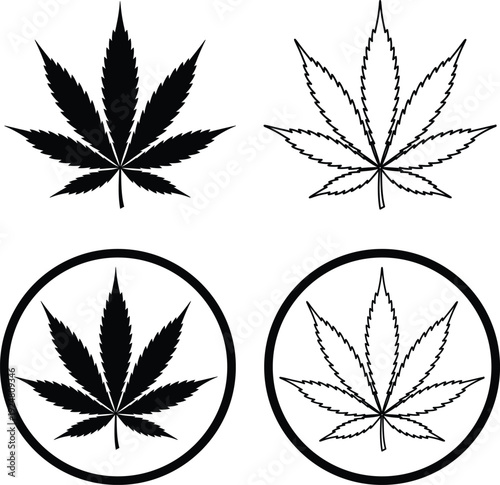 A collection of four cannabis leaf illustrations in black and white.