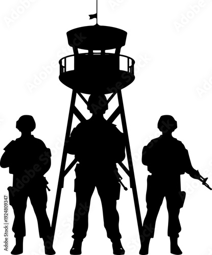 Soldiers and guard tower isolated on white