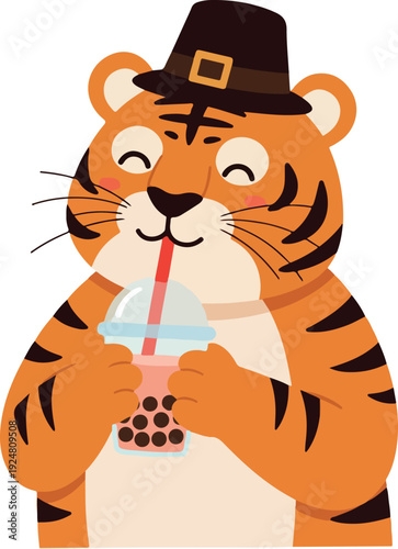 Cute Tiger Wearing Pilgrim Hat Drinks Boba Tea Vector Illustration