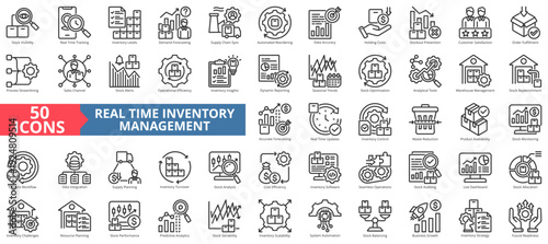 real-time inventory management icon pack outline contains sales channel, reordering, waste reduction, analytical tools, accurate, live dashboard, seasonal trends, seamless operation, holding costs